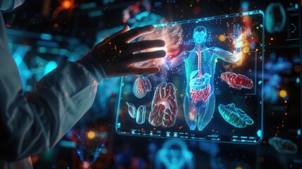 Doctor holds a hologram of the human body and human organs. 3D hologram. Medical concept. new technology