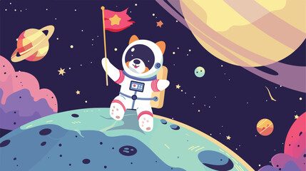 Dog astronaut in space suit on planet with flag. Cute