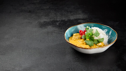 Traditional indian food. Chicken curry with boiled rice in ceramic bowl on black concrete background. Asian curry with chicken and basmati rice on dark stone table. Hot dish - spicy curry.