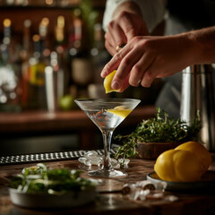 Creating the perfect cocktail. Bartender's hands at work. Generation ai