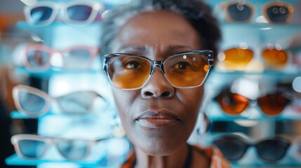 An old black woman tries on glasses in front of a showcase of various eyeglass frames in an optometry shop.