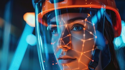 Full face portrait of female engineer wearing safety helmet View camera for facial recognition system with facial recognition interface and 3D scanning on the background of a futuristic building