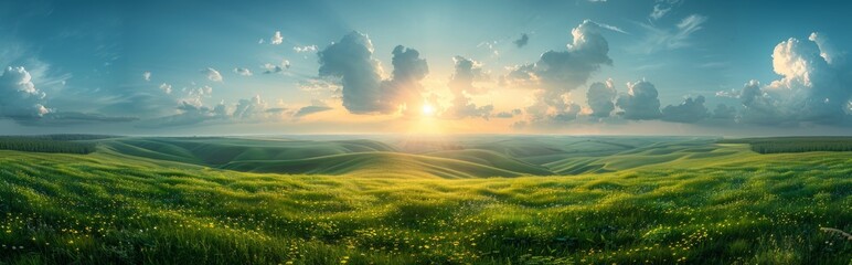 Obraz premium Aerial photography of a green grassland, clouds, sunshine, nature, World Environment Day, protecting nature as the theme, travel, tourism, lifestyle, retirement life, pension mode, 4k high-definition 