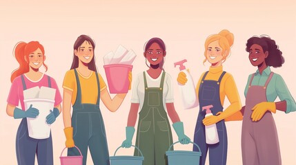 A group of women with cleaning supplies stand in a row. Workers of a cleaning company, vacancies for work. Global Maid Service Recruitment: Multinational housemaids Team Ready for Household Duties