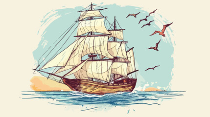Drawing of gorgeous ship sailing boat frigate or cara