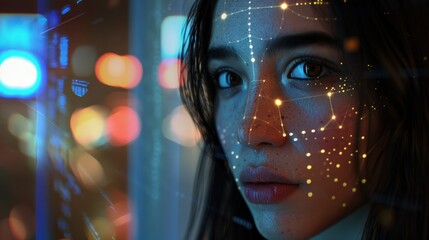 Illustration of identifying a woman's face using a digital facial recognition system.