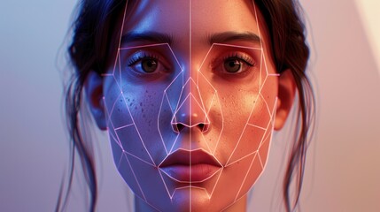 Illustration of identifying a woman's face using a digital facial recognition system.