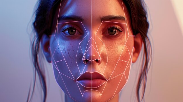 Illustration of identifying a woman's face using a digital facial recognition system.
