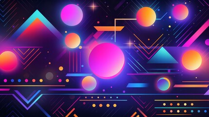 Abstract neon lights and pastel geometric shapes create a vivid background.