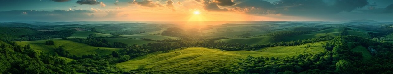 Aerial photography of a green grassland, clouds, sunshine, nature, World Environment Day, protecting nature as the theme, travel, tourism, lifestyle, retirement life, pension mode, 4k high-definition 