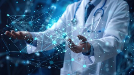 Medical doctor touching medical network Electronic medical records, digital DNA and virtual network connectivity