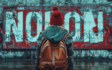 Poignant visual A person standing in front of a Now Hiring sign, their expression a mix of longing and determination