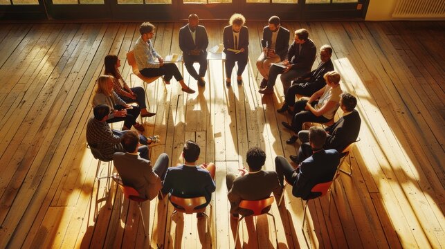 A group of diverse people sitting in a circle on the floor having group therapy session with a therapist. AIG535