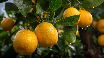 Fresh lemons hanging on a tree branch, covered in dewdrops, with lush green leaves in a vibrant garden setting.