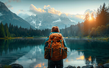 A hiker with a large backpack standing by a serene mountain lake, surrounded by evergreen trees and snow-capped peaks at sunrise. - Powered by Adobe