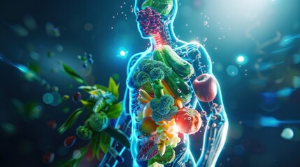 The human body is made of various fruits and vegetables. 3D holograms, medical concept concept.