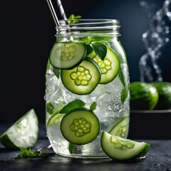 Cold and refreshing detox water with lime, cucumber, mint and ice in glass jar. Copyspace