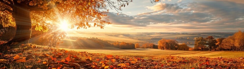 Golden Autumn Sunrise Over Misty Fields