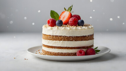 Berries and cream sponge cake on white background.  Tasty Berries dessert.