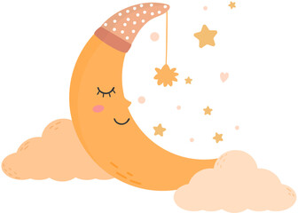 Cute orange half moon sleeping in hat with pompom at night sky with stars.