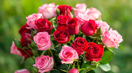 Naklejka premium A bouquet of roses in a vase with pink and red flowers
