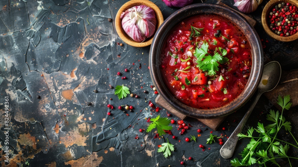 Wall mural Traditional borscht soup on rustic background