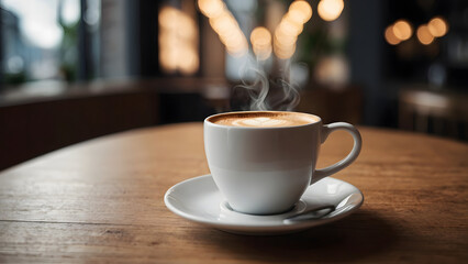 Obraz premium Hot fresh coffee on empty cafe table, blurred cafe background.