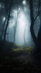 Fototapeta premium Enigmatic Forest Path With Dense Fog And Soft Sunlight Breaking Through Trees Ai Generated