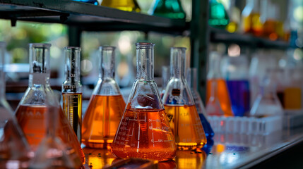 A table full of glass beakers and test tubes with various colored liquids