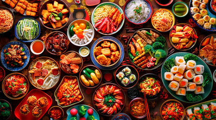 A table full of Asian food including sushi, noodles, and vegetables