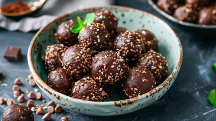 A bowl of chocolate covered nuts with a green leaf on top