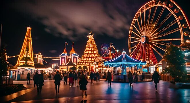 Fair at night with ferris wheel.