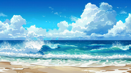 A serene beach backdrop featuring waves crashing under a brilliant blue sky.