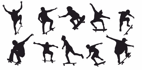 set of skater silhouettes. Collection of skate boarder on isolated white background.  © Pro Silhouettes