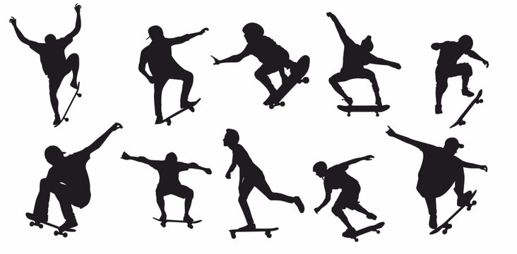 set of skater silhouettes. Collection of skate boarder on isolated white background. 
