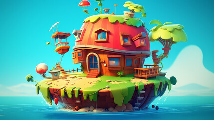 Vibrant island scene depicted in chibi style with cartoony drawings and vivid colors.