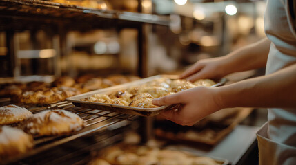 A close-up shot captures the hands of a man baker as he retrieves a tray of warm, golden pastries from the oven, the blurred background of the bakehouse filled with shelves of ingredients