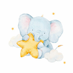 Beautiful childish watercolor hand drawn illustration with cute baby elephant. Kid's clipart print. Stock baby illustration.