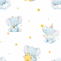 Beautiful childish watercolor hand drawn seamless pattern with cute baby elephants. Kid's clipart print. Stock baby illustration.