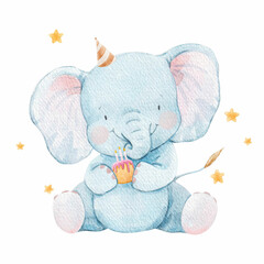 Beautiful childish watercolor hand drawn illustration with cute baby elephant. Kid's clipart print. Stock baby illustration.