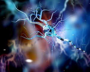 Detailed illustration of a neuron, showcasing neural connections, axons, dendrites, and synaptic structures in a conceptual and scientific depiction of the nervous system.