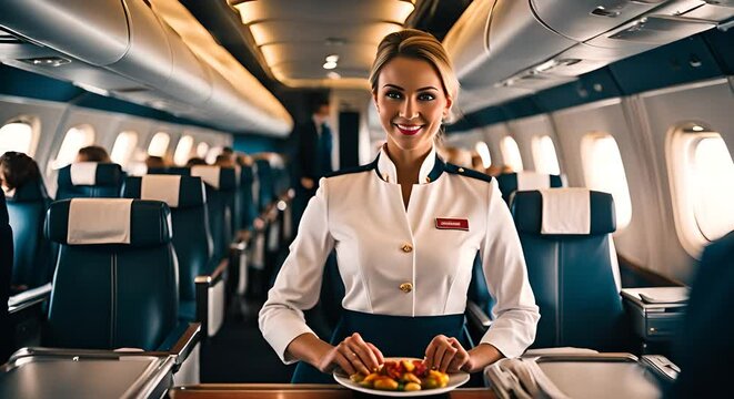 Flight stewardess with a tray of food.