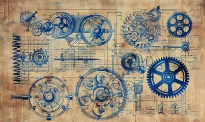 Vintage Blueprint-Style Illustration of Various Cogs and Gears