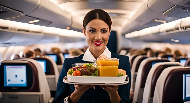 Flight stewardess with a tray of food.