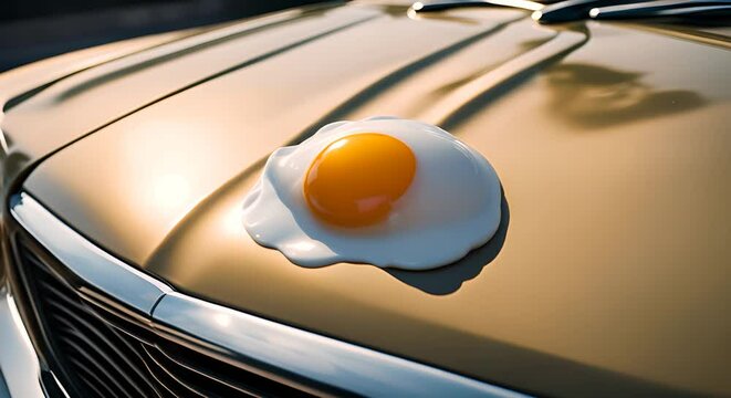 Cooking a fried egg on the hood of the car. Heat wave concept.