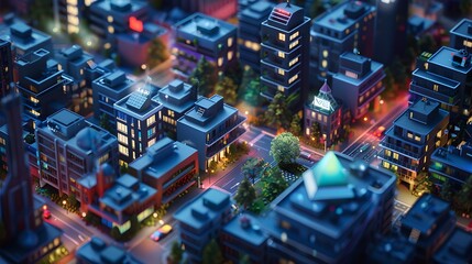 Aerial View of a Bustling Cityscape at Twilight with Illuminated Streets