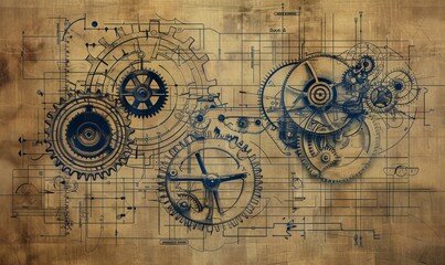 Vintage Blueprint-Style Illustration of Various Cogs and Gears