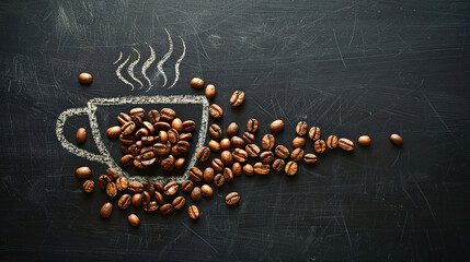 A chalk drawing of coffee beans in the shape of a steaming cup on a blackboard background. Advertising 