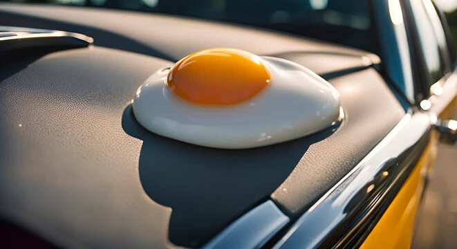Cooking a fried egg on the hood of the car. Heat wave concept.
