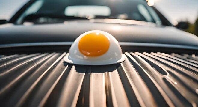 Cooking a fried egg on the hood of the car. Heat wave concept.